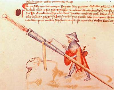 Illustration fra Bellifortis, Konrad Kyeser 1400 - Bemærk skydestokken! 